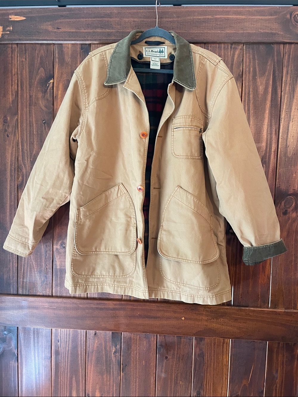 L.L. Bean Men’s Tan Field Jacket with Olive Cord Collar and Removable Wool Liner